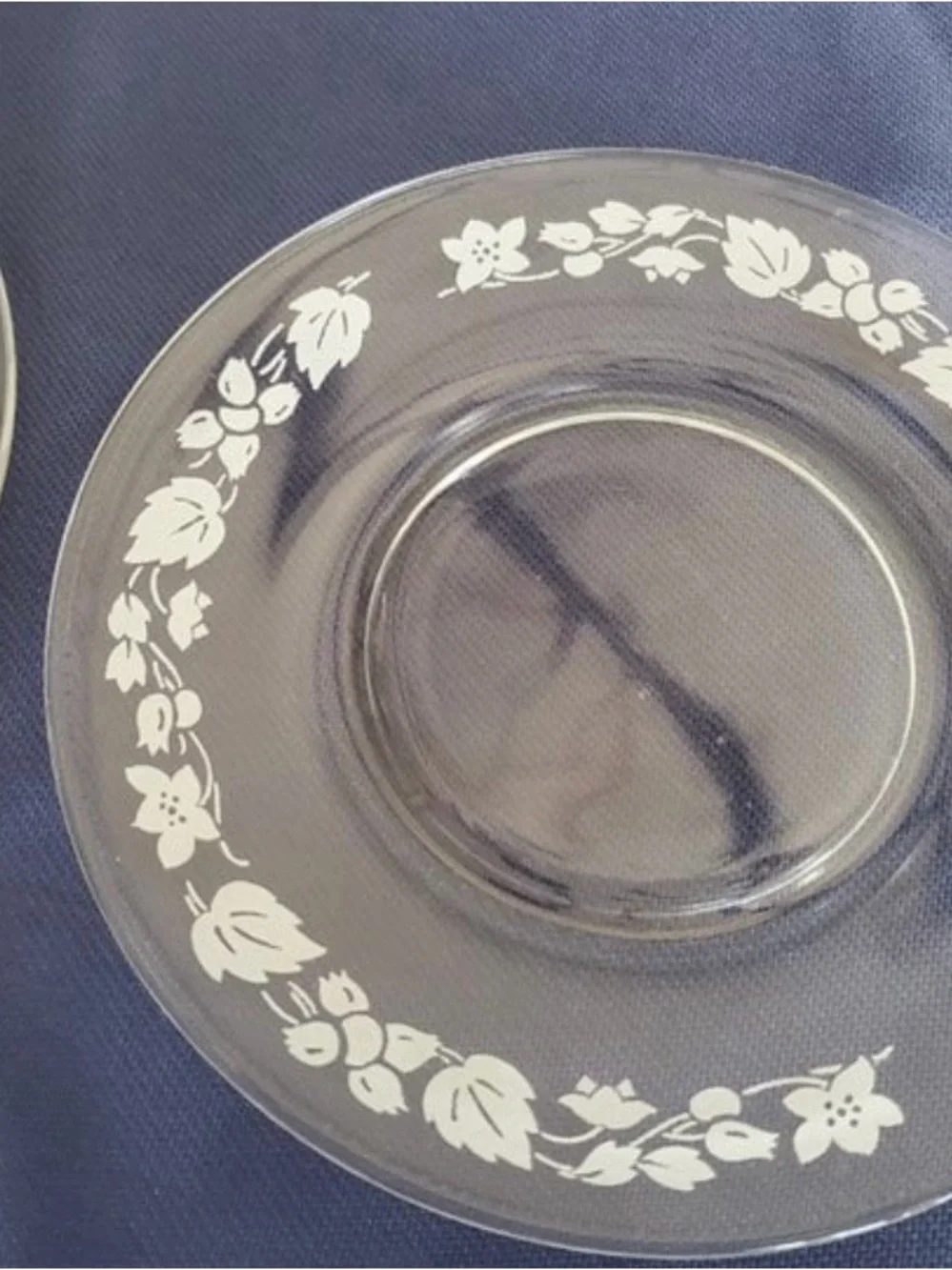 Vintage Pyrex Clear Glass Saucer with White Floral Border -Gooseberry pattern